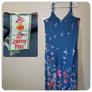 Johnny Was Floral Linsu Maxi Dress Blue Green Multi Size 2X Butterflies Birds
